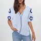thumbnail image 1 of Puntoco Liquidación de blusas cortas para mujer Blusas bordadas de manga corta para mujer Blusas holgadas con escote en V y vendaje, 1 of 5