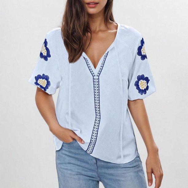 Puntoco Liquidación de blusas cortas para mujer Blusas bordadas de manga corta para mujer Blusas holgadas con escote en V y vendaje