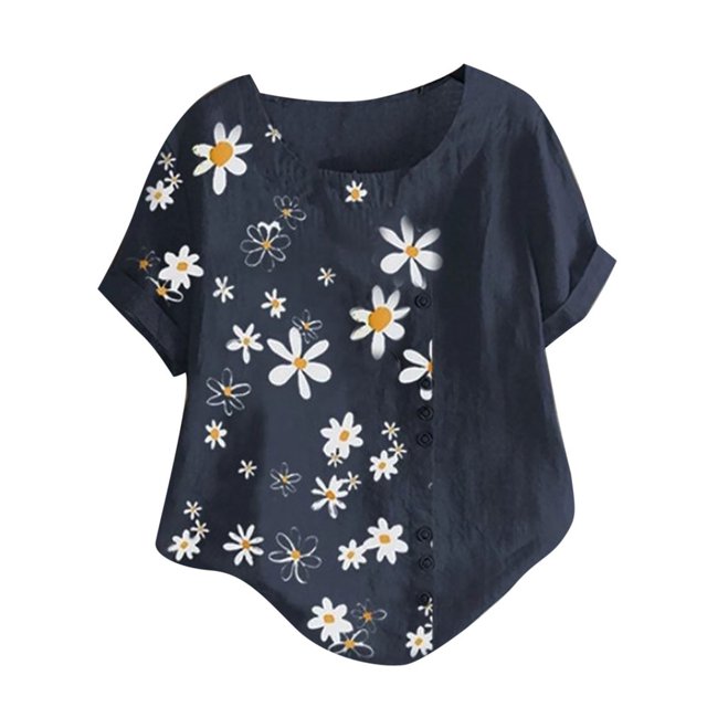 CHOK Femmes Grande Taille Liquidation $5 Femmes Grande Taille Col Rond Manches Courtes Imprimé Boutons Coton Lin Vintage Hauts