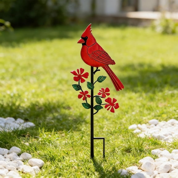 Cardinal Decor Garden Stake, Metal Red Cardinal, Cardinal Bird Figurine, Garden Outdoor Decor for Balcony, Yard, Lawn, Pathway, Walkway