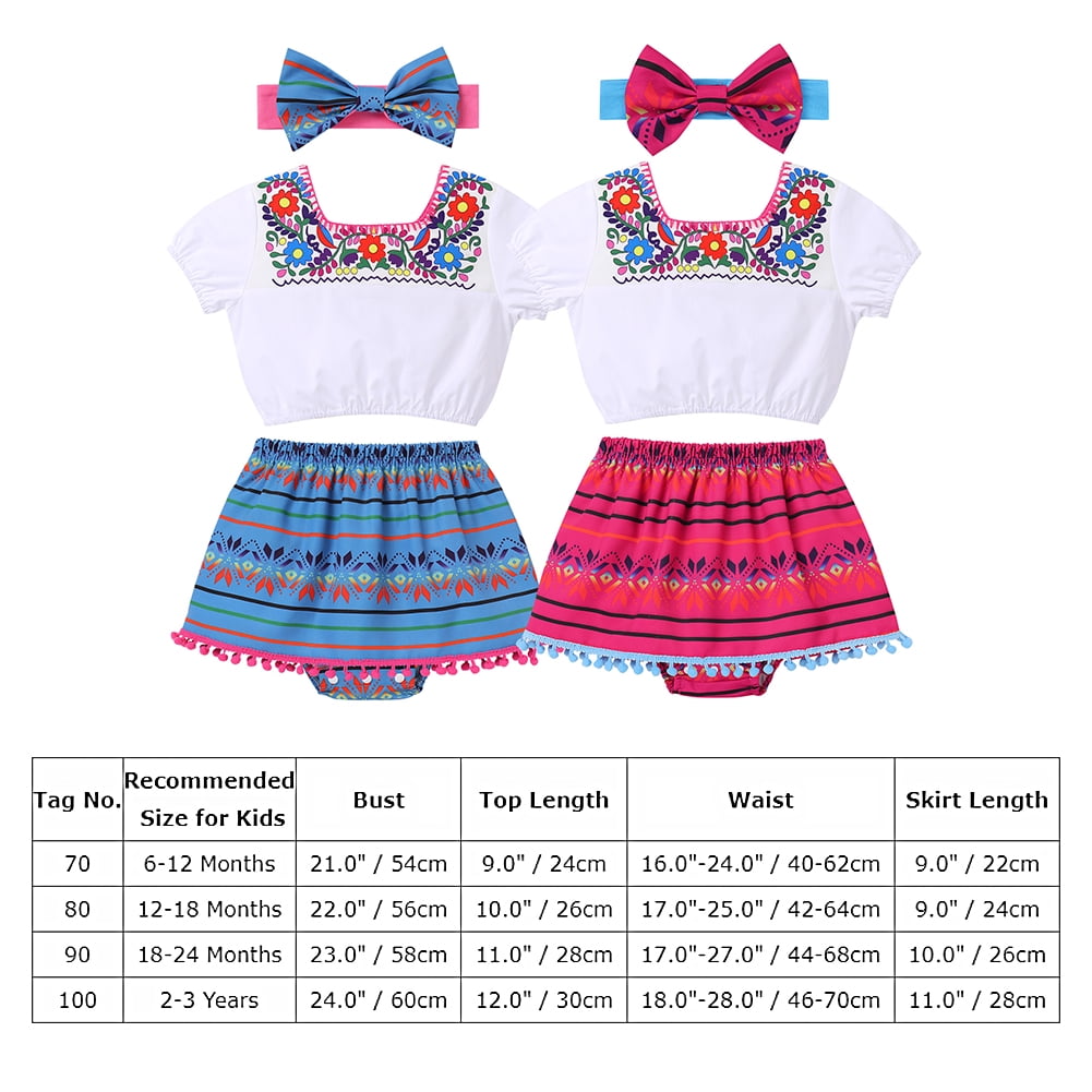 IDOPIP Toddler Baby Girls Mexican Outfit Fiesta Cinco de Mayo Outfit Print Top Skirt Bow Headband