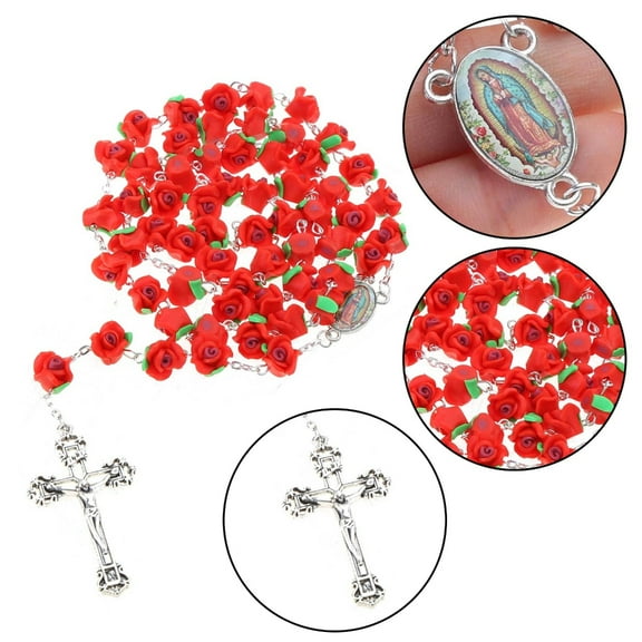 AOOOWER Rosary Beads Catholic Rosary Necklace Rose Flower Prayer Cross Crucifix Pendant