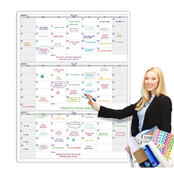 Dry Erase Vertical Three Month Laminated jumbo Wall Calendar 46 x 63 Huge quarterly Laminated Erasable White Board Giant 90 day Family Whiteboard Schedule Planner Large Multi Month Reusable