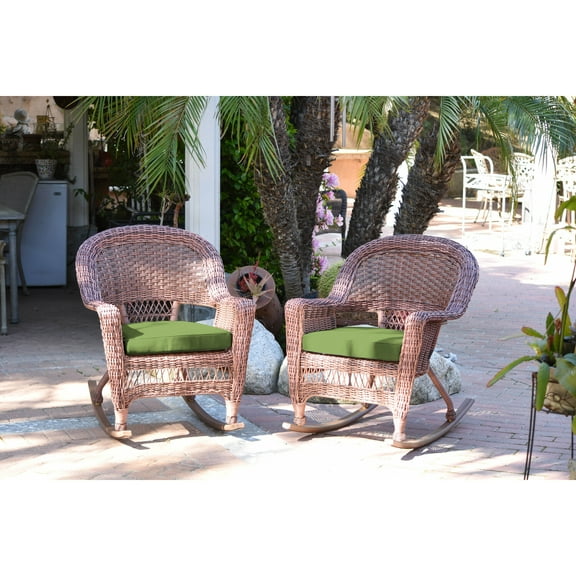 Jeco Honey Rocker Wicker Chair with Hunter Green Cushion -  Set of 2