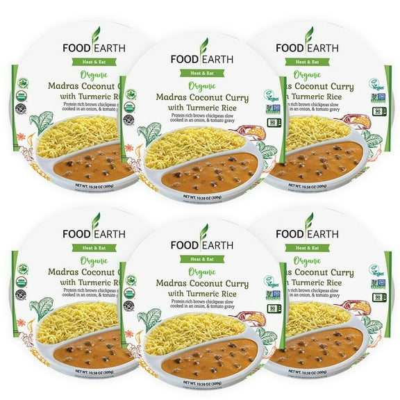 Food Earth Ready to Eat Indian KKS1 Meal - Madras Coconut Curry with Turmeric Rice - Vegan, Gluten-Free, Organic, Plant-Based - Microwavable Entree - 10.58 oz Each - Pack of 6