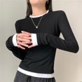 thumbnail image 4 of Women New Long Sleeve Crewneck Fake Two Piece Casual Blouse Womens Loose Fit Pullover Top Fashion Comfortable Layered Spring Outfit, 4 of 5
