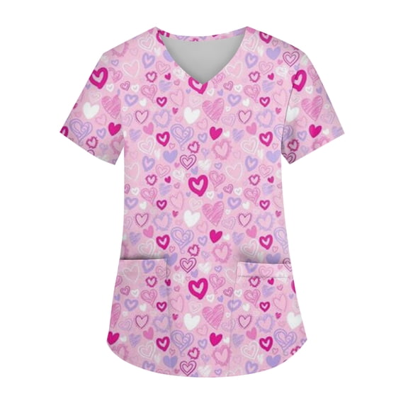 Valentine Day Scrub Tops for Women Love Heart Print Short Sleeve Plus Size Nursing Scrub Tops Quick Dry V Neck Cute Uniform with Pockets Wine M