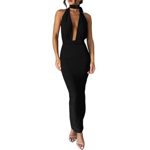 Vestido Dividido De Damas Vestido ajustado de noche para mujer, sin espalda, sexy, con escote en V profundo, delgado, dividido (negro L) Ygjytge para Mujer Negro T S