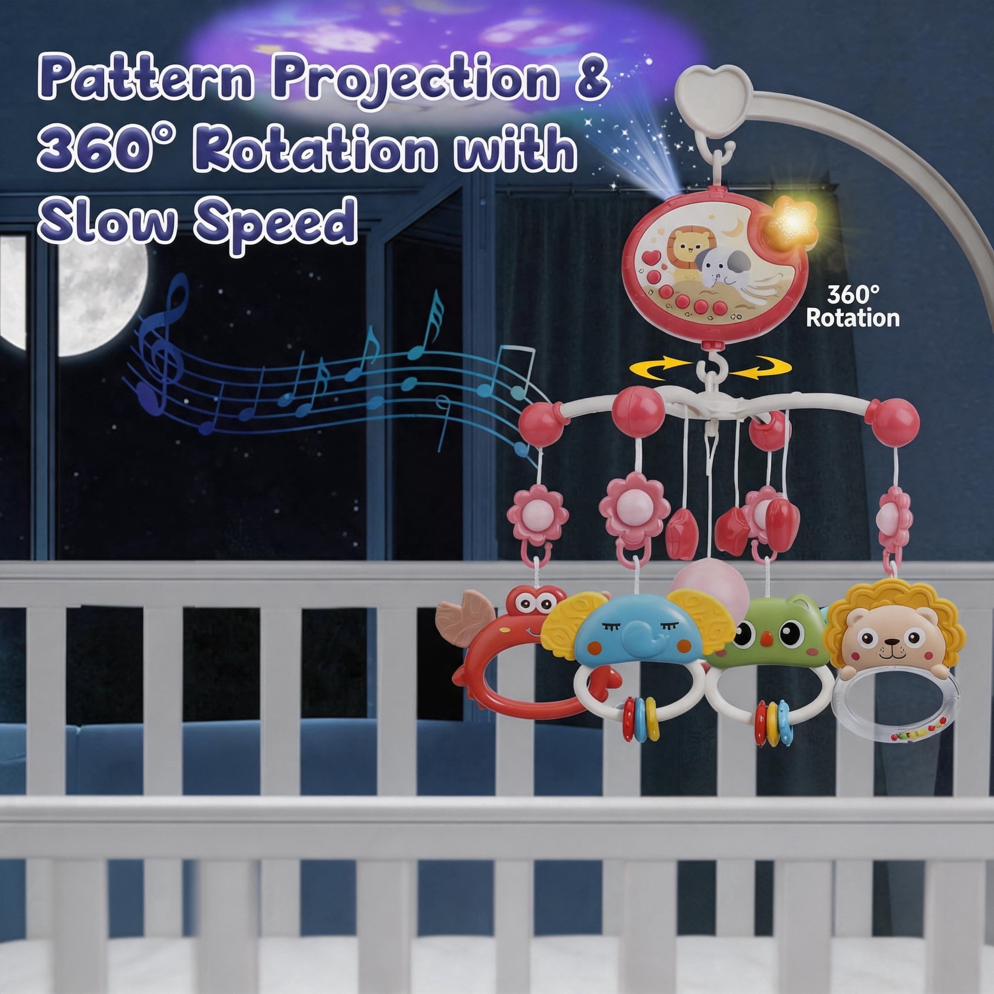 Crib Mobile with Timing Function & 400+ Lullabies for Babies with Animal Rattle Teether