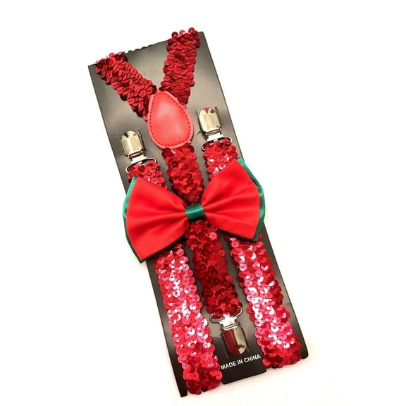 Christmas Xmas Red Sequin Suspenders and Red Green Bowtie Matching Set Bow Tie