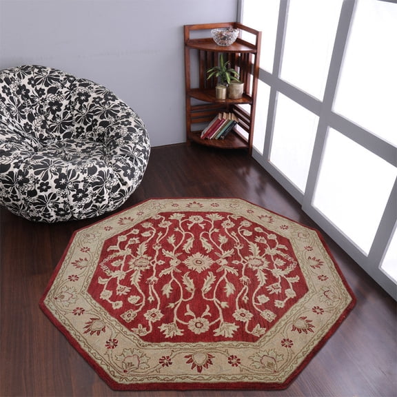 RUGSOTIC Carpets 10'x10' Octagon Hand Tufted Wool Handmade Red Gold Oriental Area Rugs for Living Room Bedroom K00531