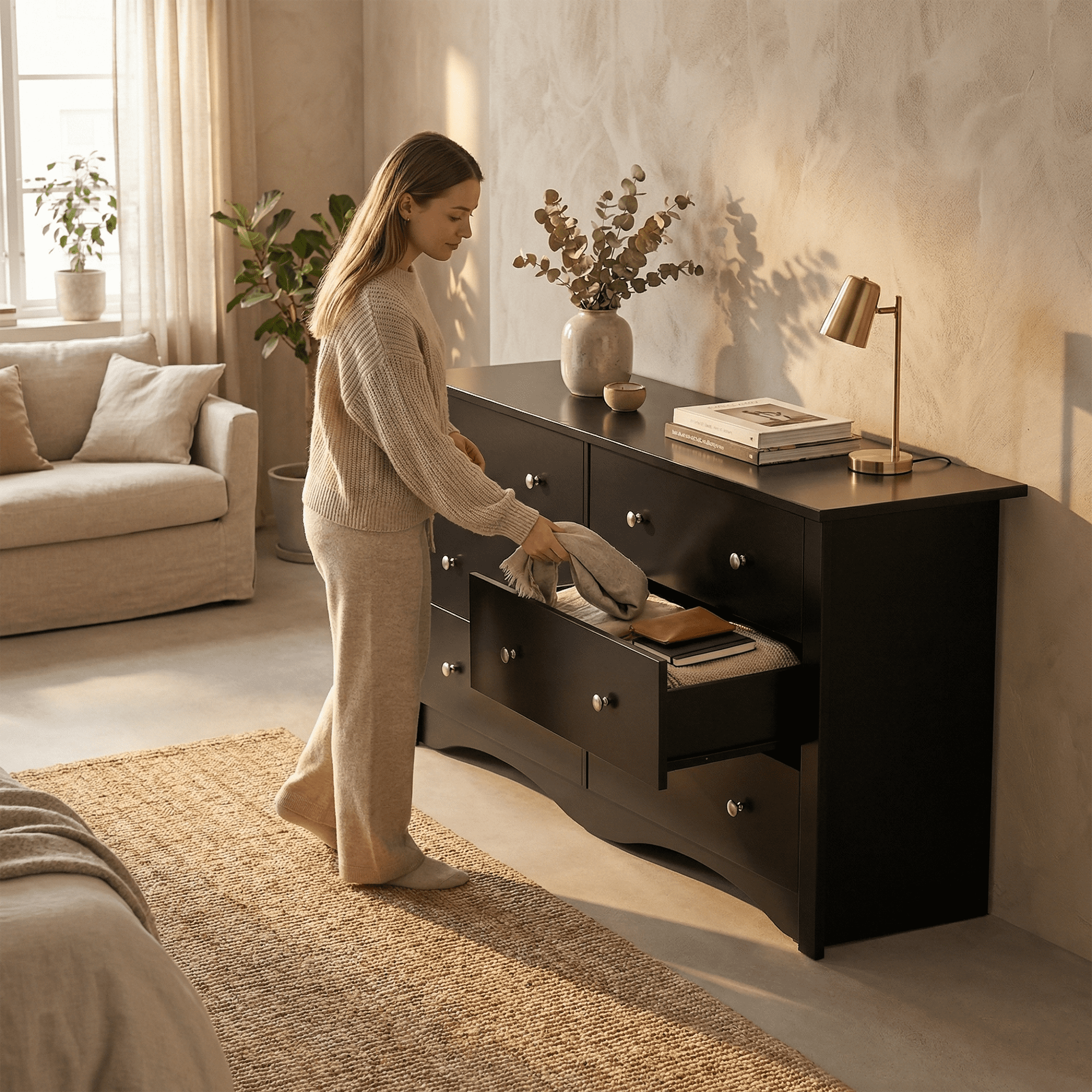 Homall 6 Drawer Double Dresser, Modern Chest of Drawers, Wood Storage Cabinet for Bedroom & Living Room, Black