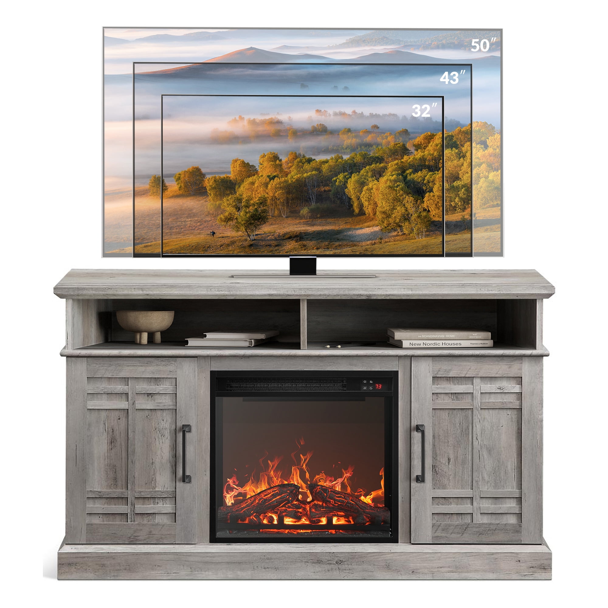BELLEZE 47" TV Stand with 18" Electric Fireplace, Modern Electric Fireplace TV Stand for TVs up to 50", Entertainment Media Stand with Storage - Norrell (Gray Wash)