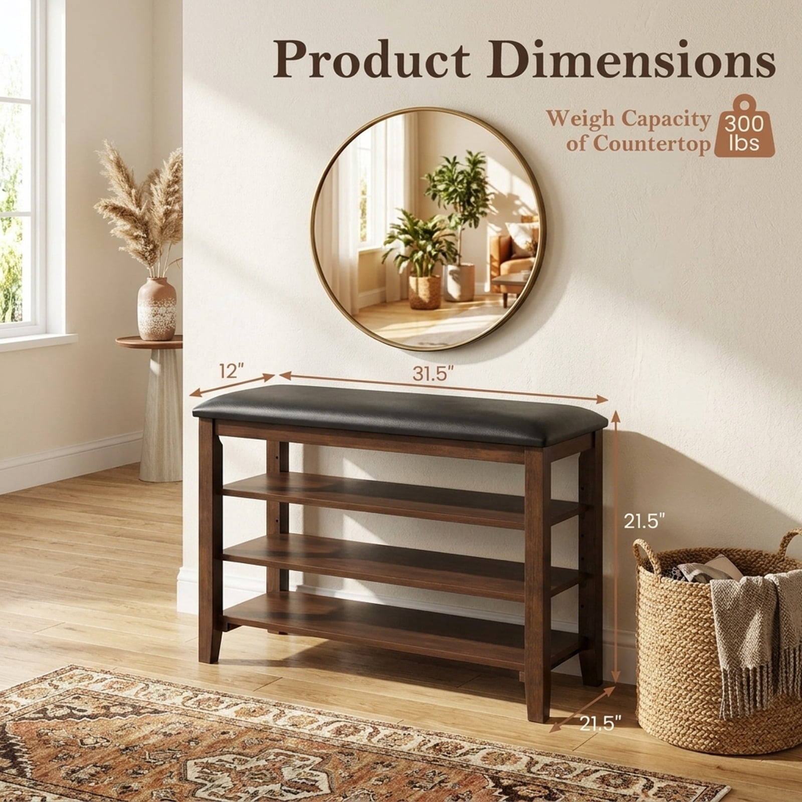 Furnibear 3 Tier Shoe Rack Bench with Adjustable Shelves and Soft Cushion for Entryway Living Room and Hallway Shoe Storage, Brown