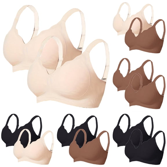 IQOGKRN 2 Pack Women Seamless Wireless Comfort Bra Soft Full Coverage T-Shirt Bra Gentle Push Up No Underwire Daily Lingerie Brown L