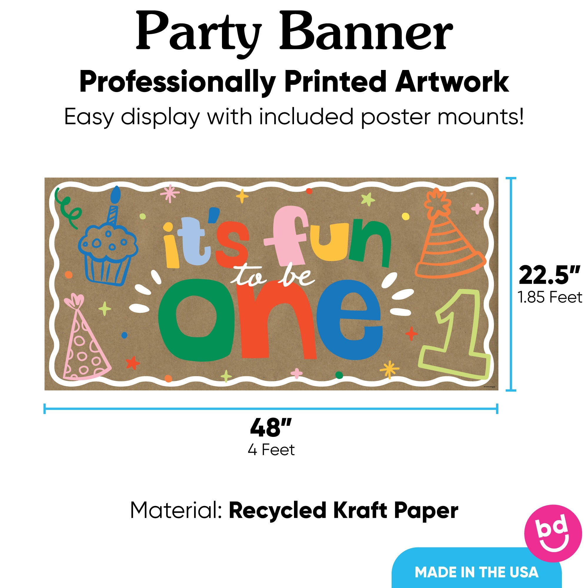 Big Dot of Happiness One is Fun 1st Birthday Kraft Paper Banner, Colorful First Birthday Party Welcome Banner, Printed Brown Paper Party Sign Decoration – 1 Count