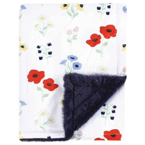 Hudson Baby Girls Plush Blanket with Furry Binding and Back, Wildflower, One Size