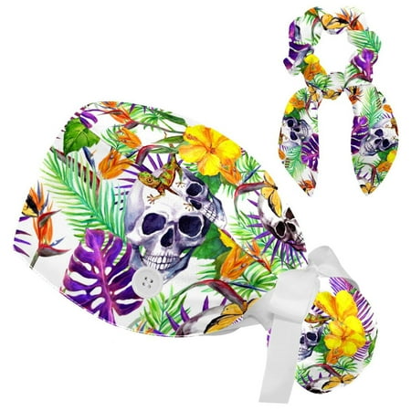 

Working Cap with Buttons and Sweatband Scrub Hat Bouffant Caps with Scrunchie Skull Tie Back Hats