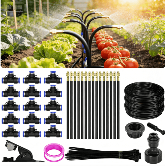 LapEasy 360° Adjustable Drip Irrigation System, 49.2FT Garden Watering System with 15 Nozzles, Drip Irrigation Kit for Yard, Lawn, Plants