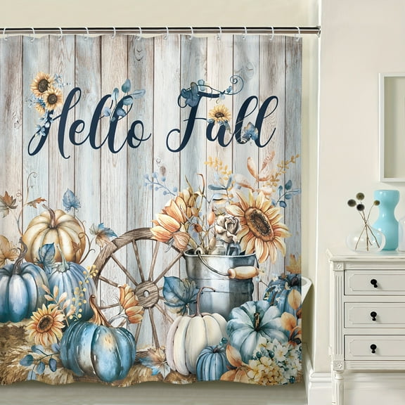Farmhouse Pumpkin Fall Polyester Shower Curtain Set Country Wood Sunflower Modern High Quality with 12 Hooks- Bathroom Accessories & Home Decor, Perfect for Thanksgiving 72x72 inch
