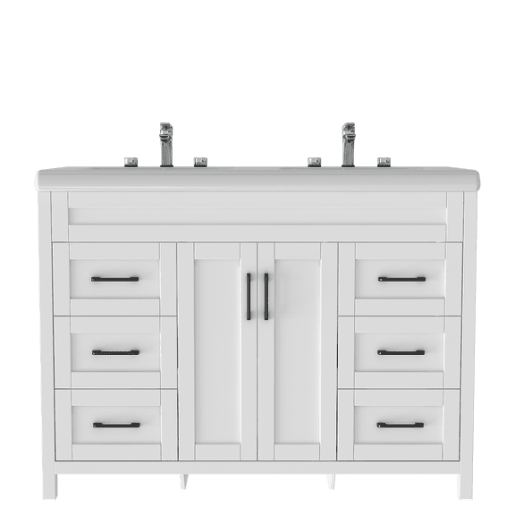 Freestanding Double Sink Bathroom Vanity Cabinet, 6 Drawers Cabinet with Ceramic Sink & Artificial Marble Top, 47 Inch, White