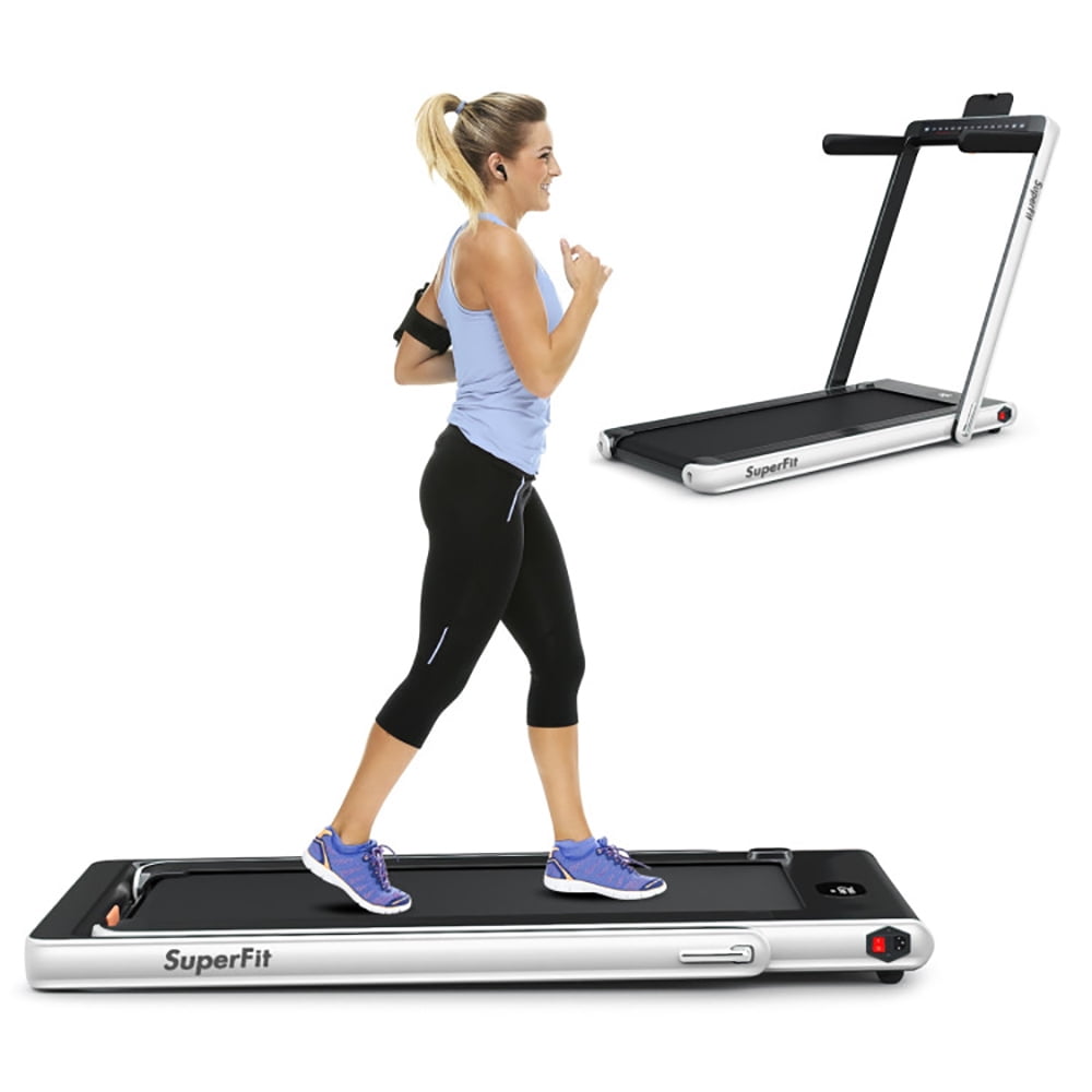 Topcobe 2-in-1 Electric Motorized Health and Fitness Folding Treadmill with Dual Display and Speaker, Under Desk Walking Pad Treadmill, Walking Pad with Handle Bar, White