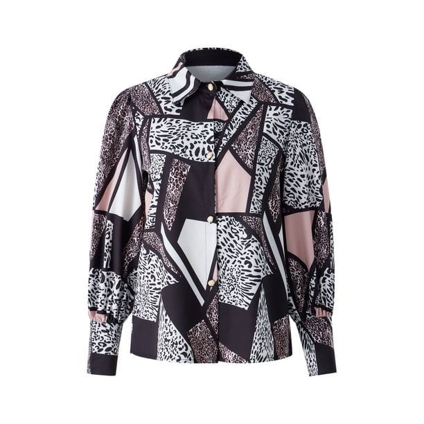 VISgogo Camisa Retro con Manga de Obispo para Mujer, Color Sólido/Estampado de Leopardo Solapa Blusa de Manga Larga con Botones para Damas, S/M/L/XL/XXL VISgogo moda