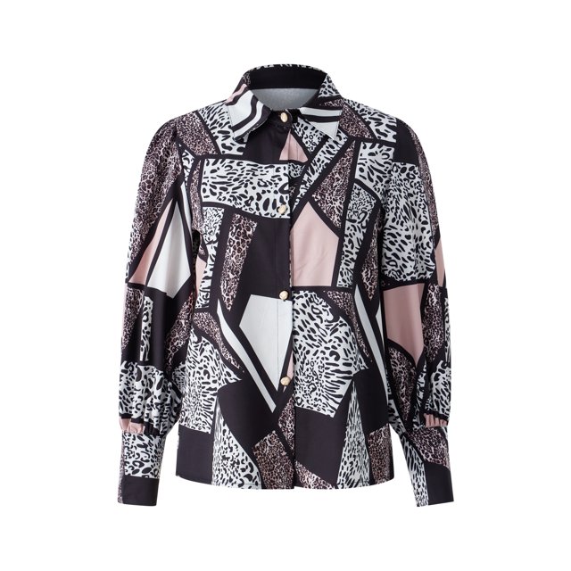 VISgogo Camisa Retro con Manga de Obispo para Mujer, Color Sólido/Estampado de Leopardo Solapa Blusa de Manga Larga con Botones para Damas, S/M/L/XL/XXL VISgogo moda