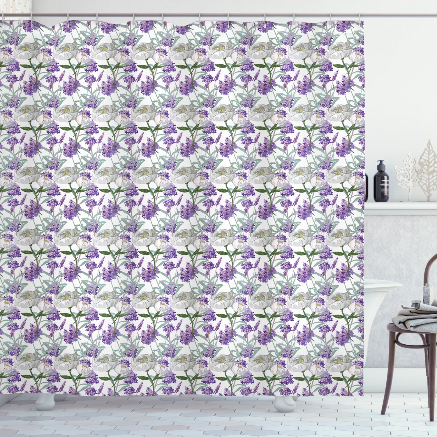 Botanical Shower Curtain, Lavender and Peony Field Thriving Nature