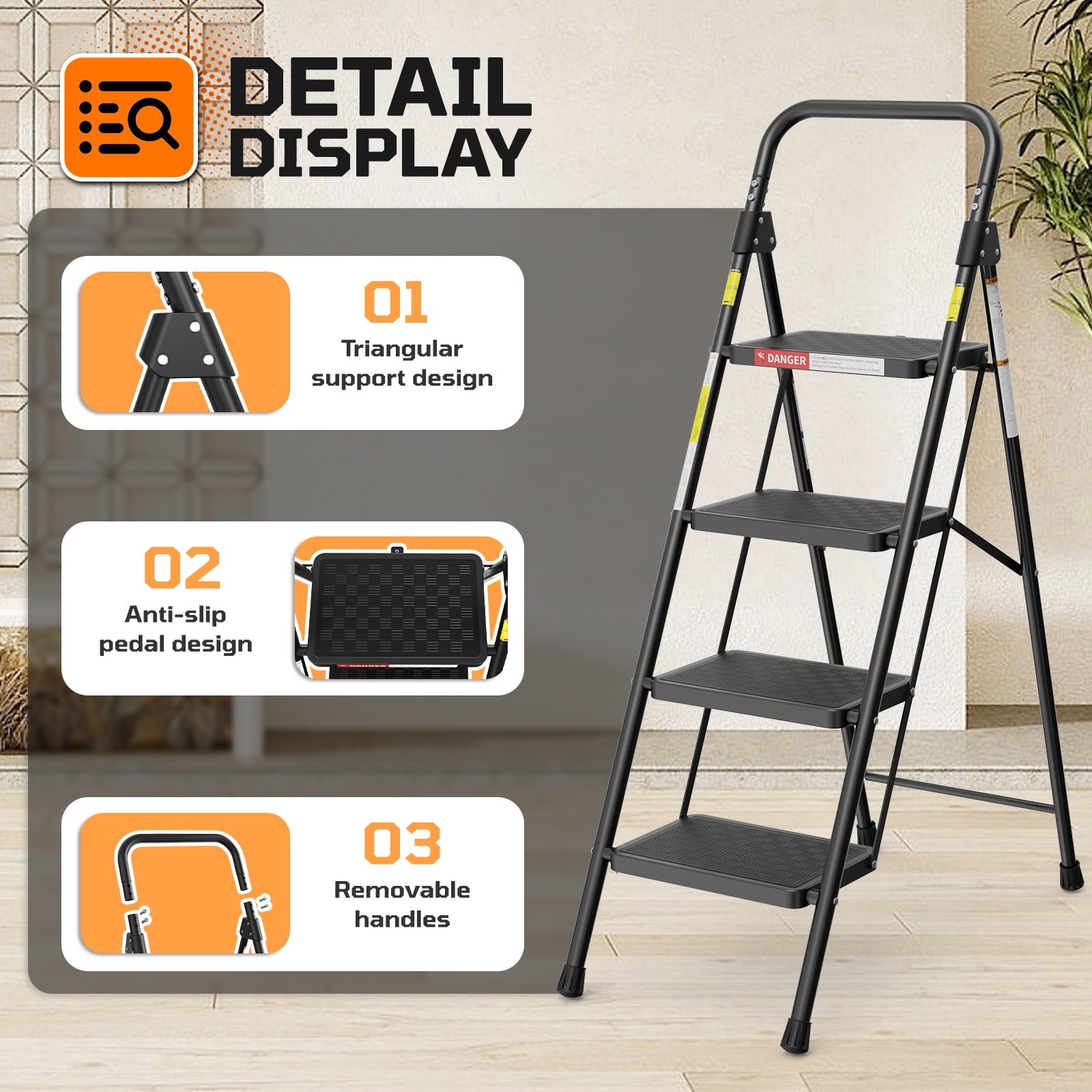 ASoopher 4 Step Ladder with Anti-Slip Pedal, Sturdy Steel Ladder, Black