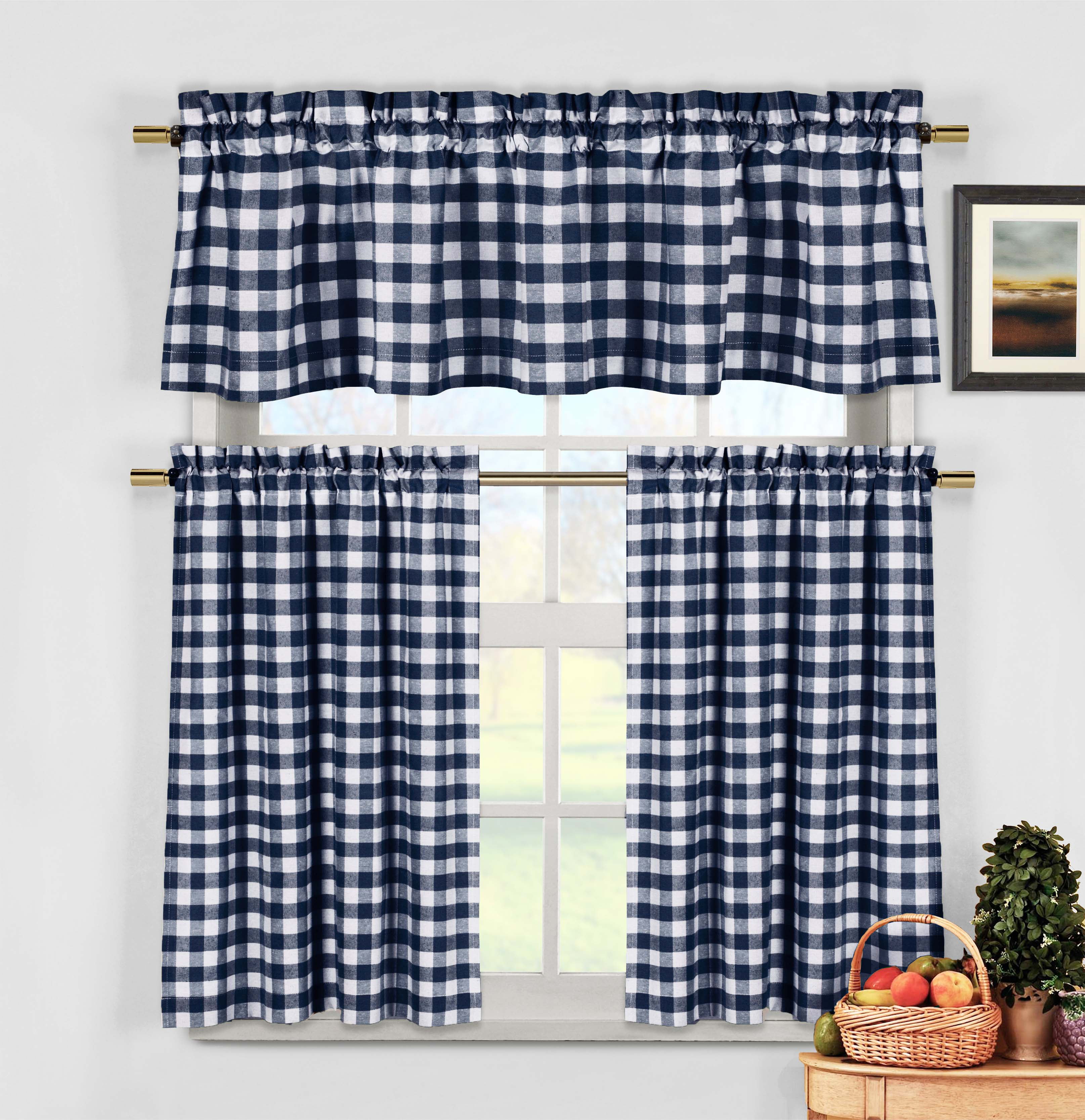Matching 3 Piece Window Curtain Set 2 Tier Panels Taupe 3 Piece Gingham Check Kitchen Window Curtain Set: Plaid Cotton Rich Bathroom and More KWC-KINGSTON-CHECK-TAUPE-3154 1 Valance