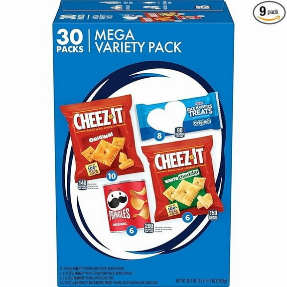 Kellogg's Cheez-It, Pringles & Rice Krispies Treats Snacks Mega Variety Pack, 30.1oz Box (30 Count)