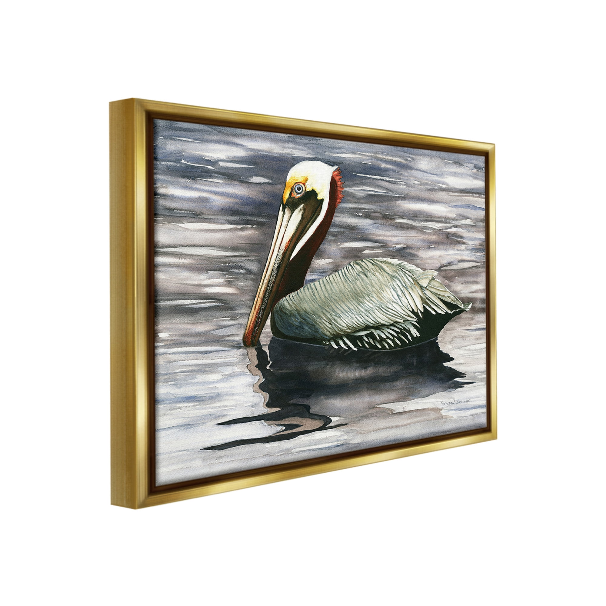 Stupell Industries Swimming Nautical Pelican Animals & Insects Painting Gold Floater Framed Canvas Art Print Wall Art, 31 x 25