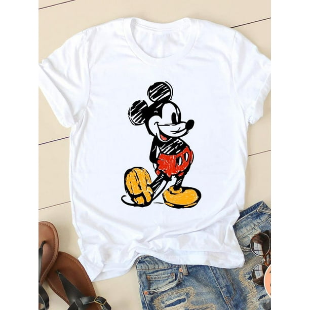 Disney Cartoon Tee Shirt Mickey Mouse Women Short Sleeve Summer Spring Print Clothing Casual Fashion Graphic T-shirtsL Gao Jinjia LED