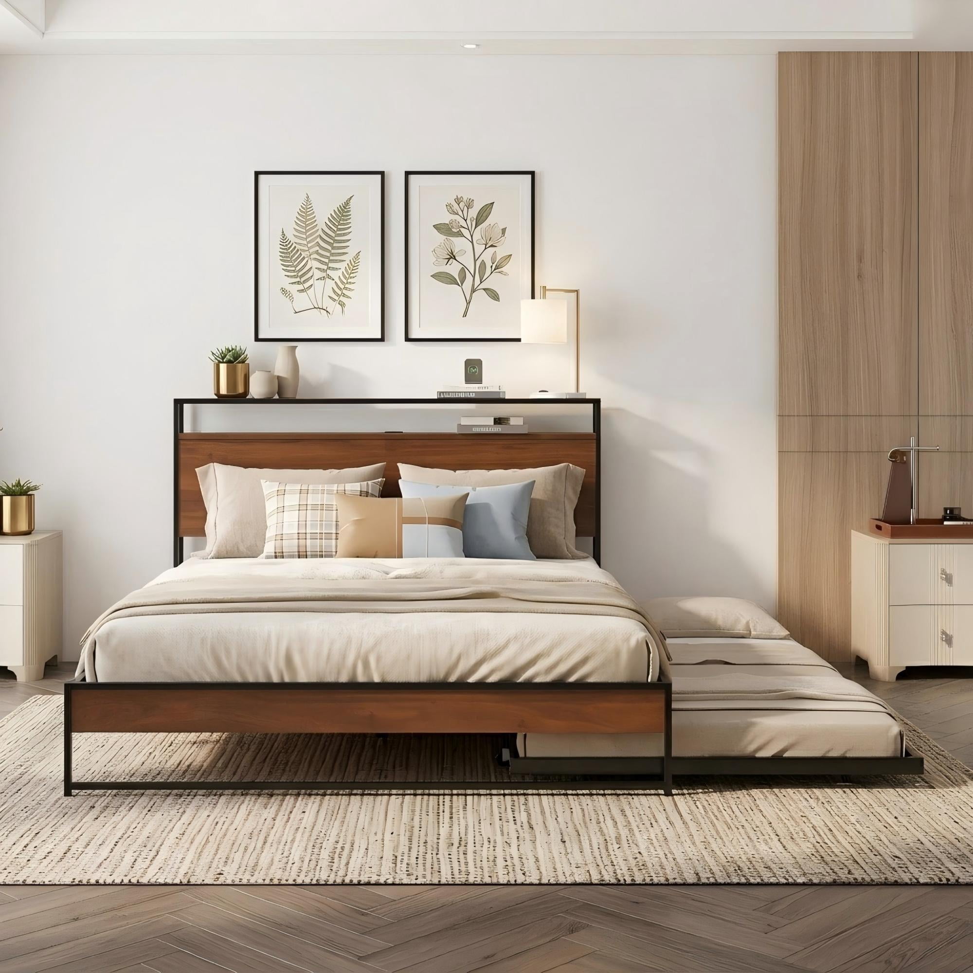 Aukfa Queen Size Metal Bed Frame with Trundle, USB Charging Ports and Storage Headboard, Modern Platform Bed with Wood Accents, Black