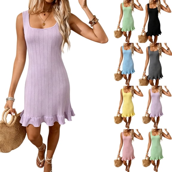 Admvng Womens Dresses Ribbed Knit Round Neck Sleeveless Ruffle Hem Casual Summer Everyday Bodycon Dress