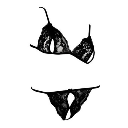 Crotchless Panty Lingerie - Muka Black Sexy Lace Lingerie Crotchless Thong Bra and Panty 2 Pieces Set