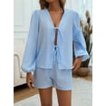 thumbnail image 3 of Women'S 2 Piece Outfits Set Long Sleeve Tie Front Top Short Set Casual Tracksuit Pajama Sets Blue L, 3 of 8
