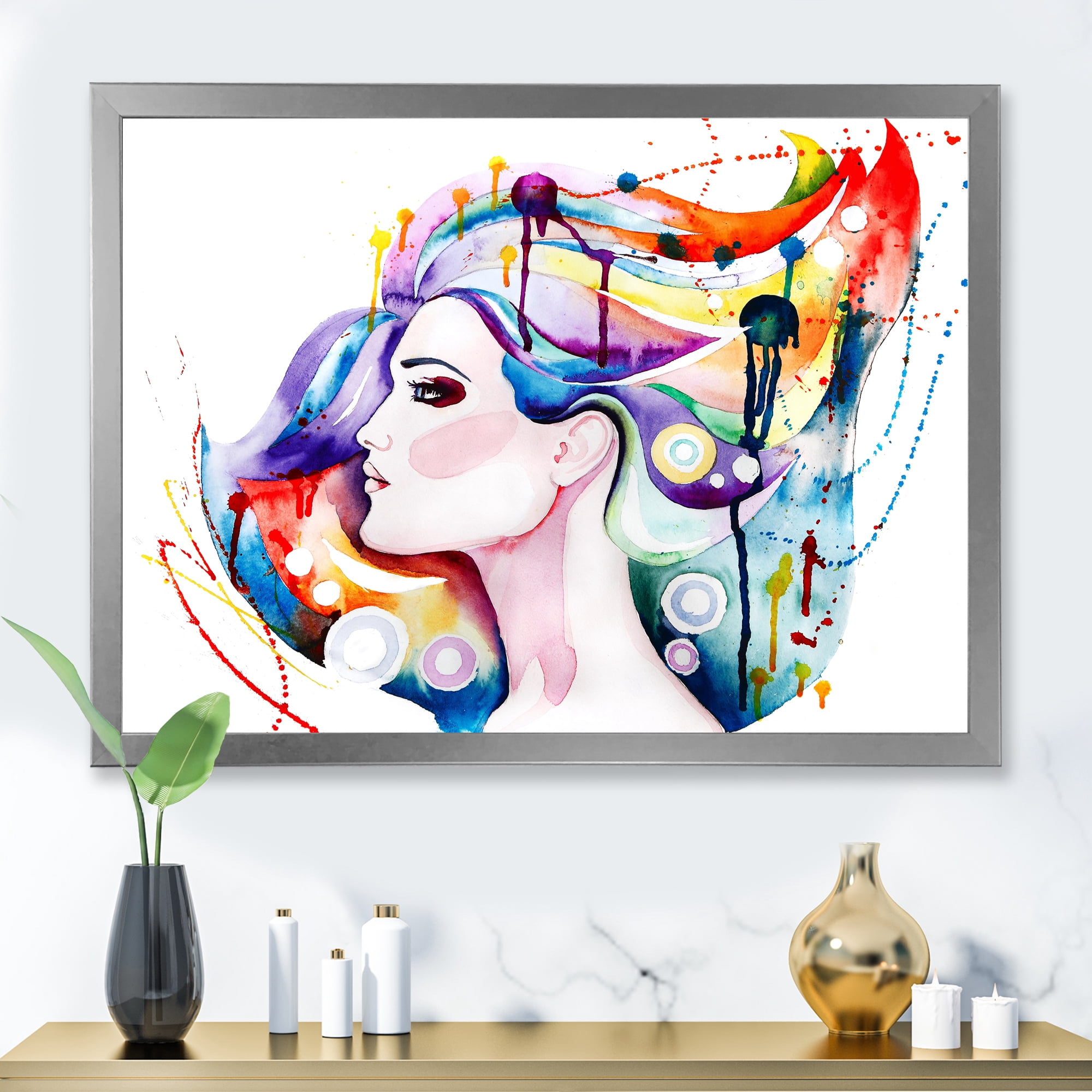 Designart 'Beautiful Young Woman With Colorful Hair' Traditional Framed Art Print