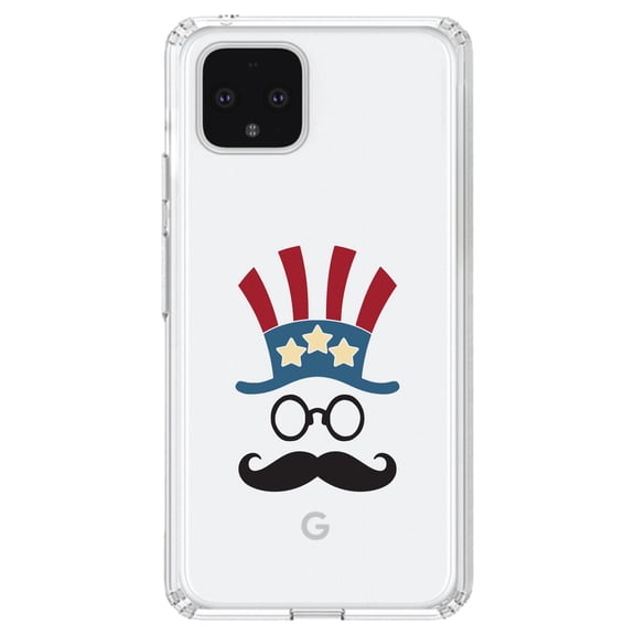DistinctInk Clear Shockproof Hybrid Case for Google Pixel 4 XL (6.3" Screen) - TPU Bumper Acrylic Back Tempered Glass Screen Protector - Uncle Sam Cartoon USA Patriotic