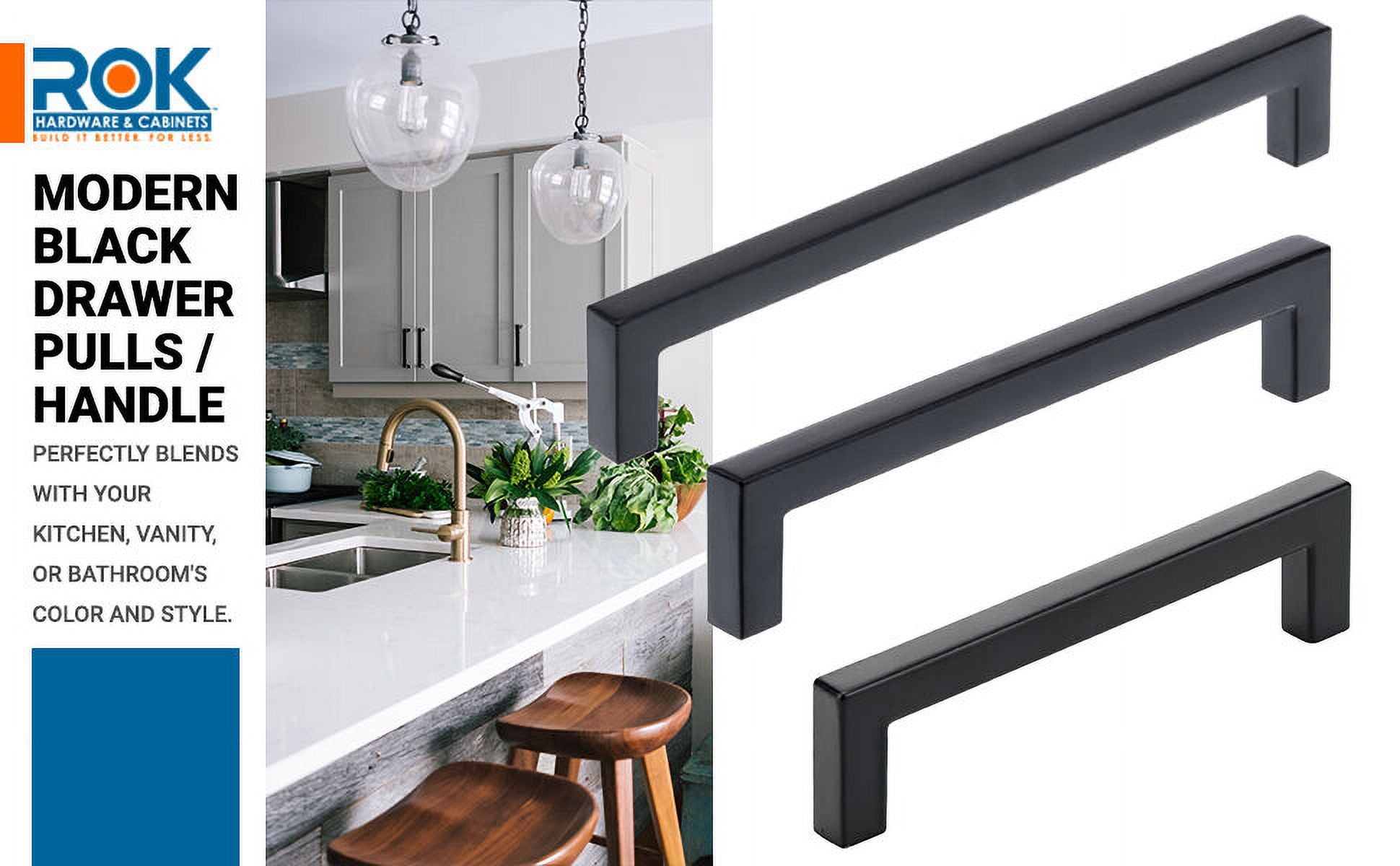 Rok Hardware 10 Pack 3-3/4" (96mm) Centers Kitchen Square Cabinet Drawer Pull Handle 4-1/8" Length Matte Black