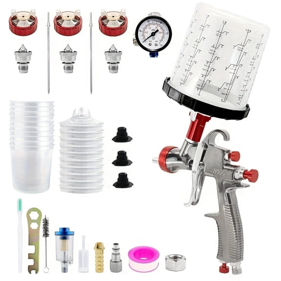 LVLP Gravity Feed Spray Gun Kit with 650ml Paint Cup, 1.4/1.7/2.0mm Nozzle Sets, Air Regulator with Gauge, Water Separator, 10 Disposable Paint Cup Liners for Automotive, Furniture & Woodworking