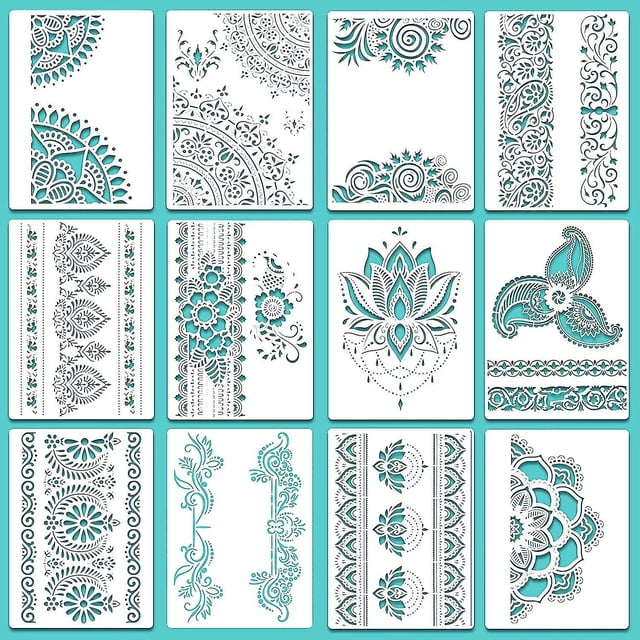 12 plantillas de pintura de mandala reutilizables de gran tamaño de 8,3 x 11,7 pulgadas con diseño floral