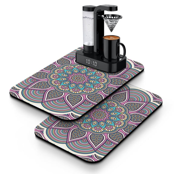 Exotic Mandala Dish Drying Mat, Vintage Traditional Absorbent Coffee Bar Mat, Ethnic Inspired Kitchen Counter Protector