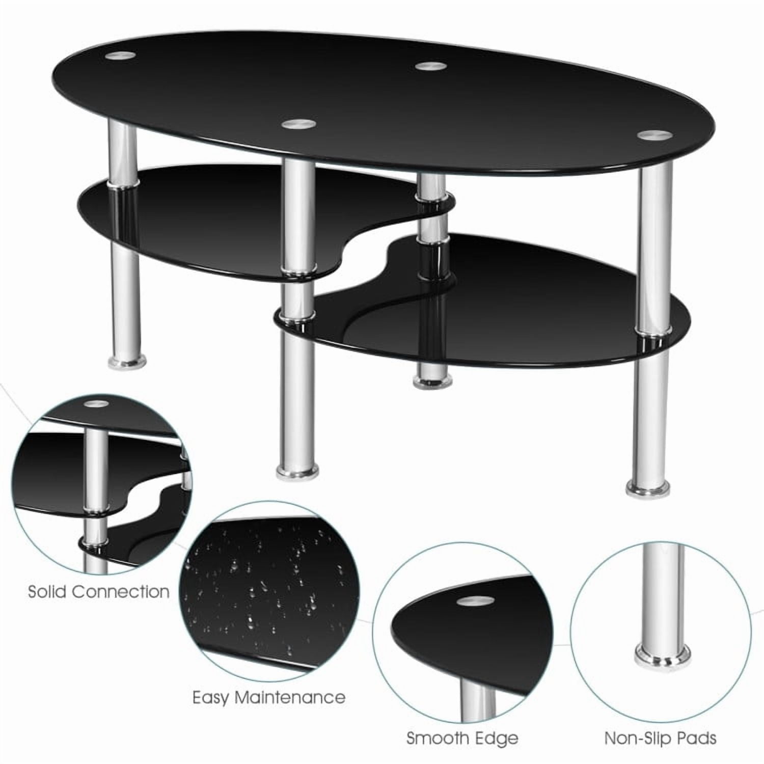 Yardi Yard Mid-Century Modern Oval 2-Tier Tempered Glass Coffee Table with Storage Side Shelf and Oak Wood Legs for Living Room Black
