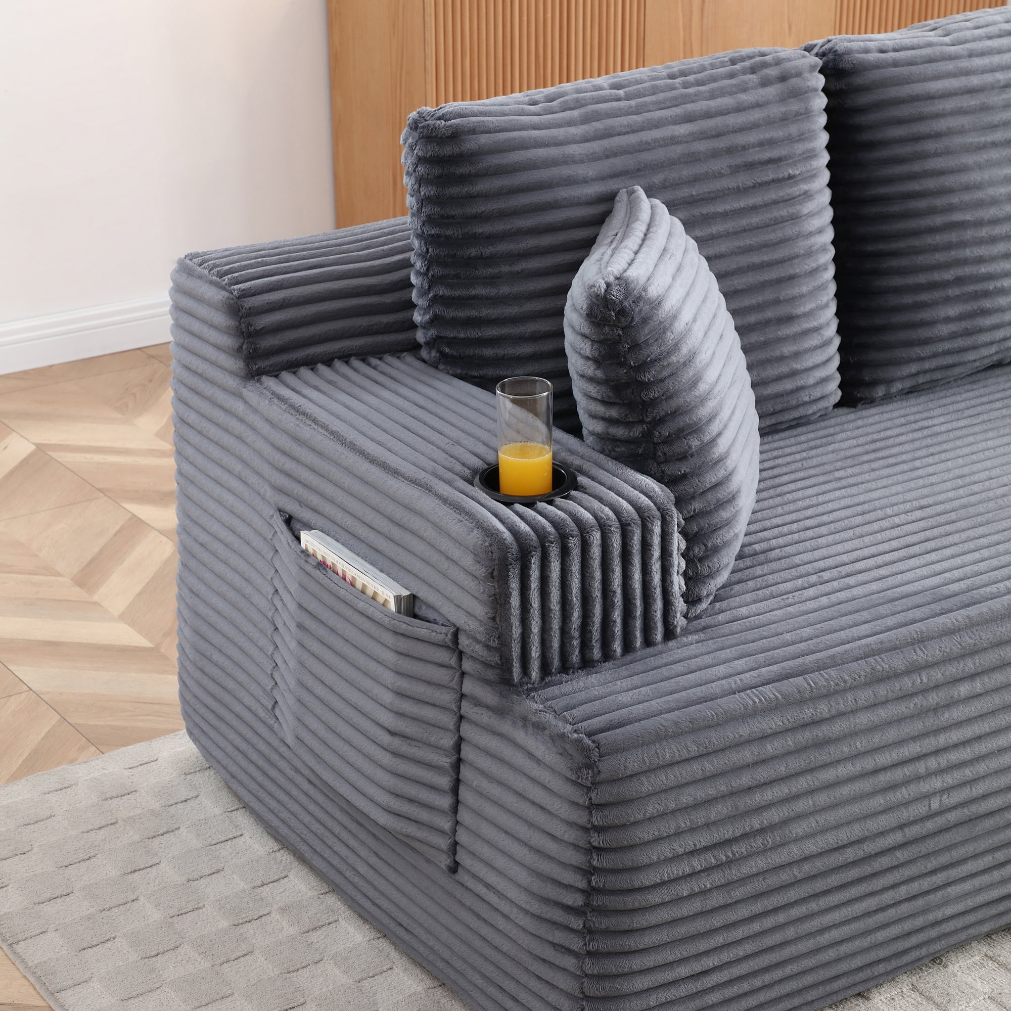 Boneless Loveseat, 2-Seater Floor Couch with Cup Holders and Side Pockets, Corduroy Fabric No Assembly Sofa for Small Space or Apartment, 66.5 Inch, Grey