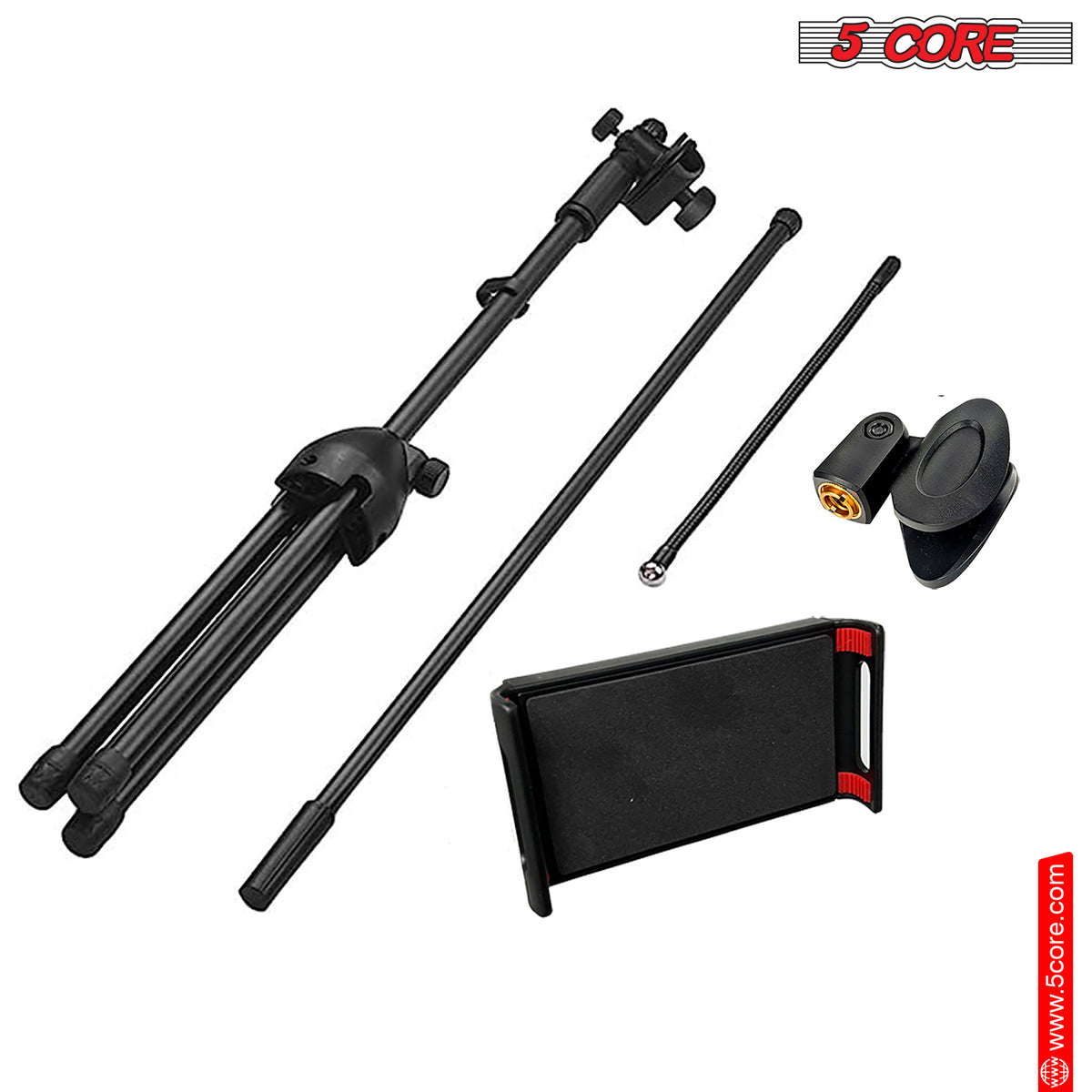 5 Core Mic Stand Pair with Tablet and Phone Holder, Adjustable Gooseneck Microphone Stand, Collapsible Tripod Boom Mic Stand With Mic Clip Holder & Phone Clamp for Singing, Karaoke, Studio MS MOB 2PCS