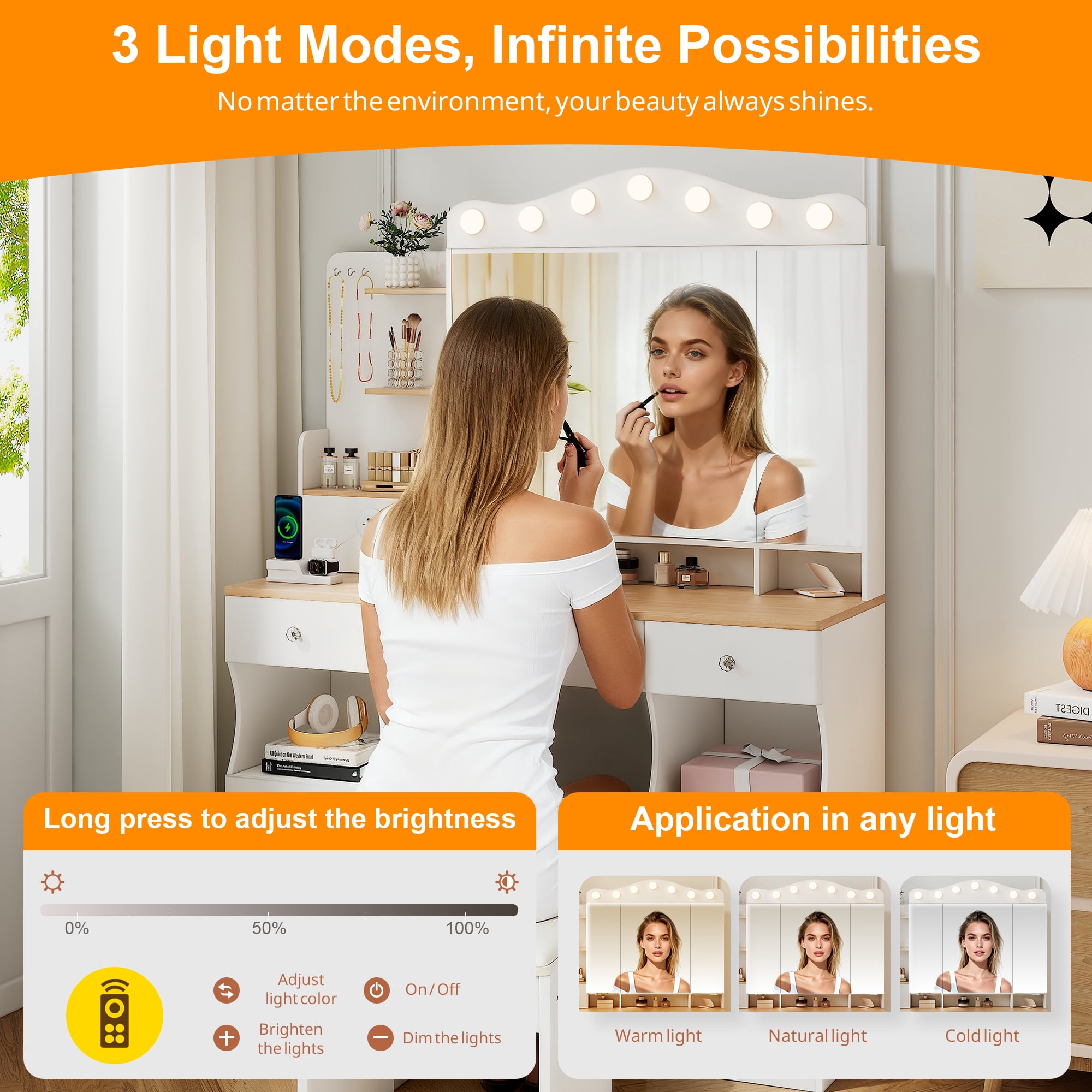 Alvantor Vanity Desk with Tri-Fold Mirror and LED Lights, Makeup Table for Adults with USB Ports and Drawers, White