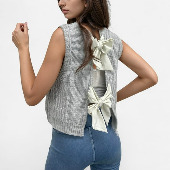 Women's Sleeveless Knit Vest with Back Bow Tie Accents and Open Back Detail - Medium, Gray