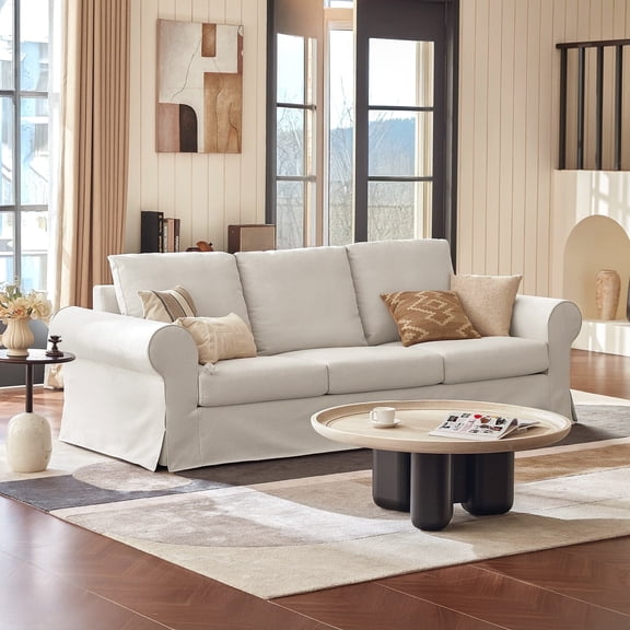 Vorthio 89" 3-Seater Couch for Living Room, Contemporary Fabric Sofa with Rolled Arm, White